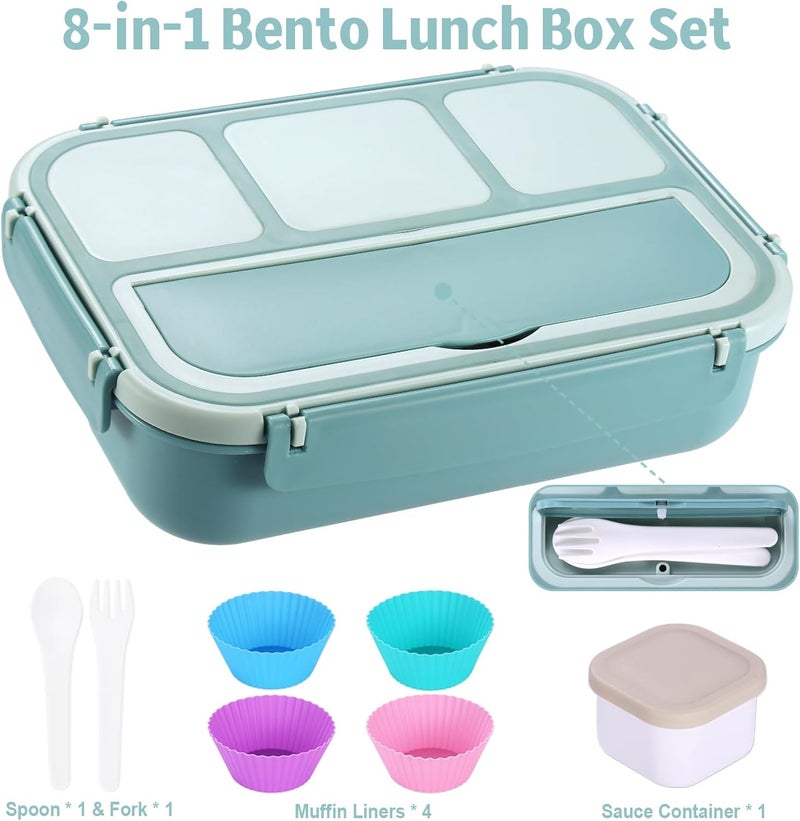 shell and turtle Bento Box Adult Lunch Box, Lunch Containers for Kids Girls Boys with 4 Compartments, Lunchable Food Container with Utensils, Sauce Jar, Muffin Liners, 40 Oz/5 Cup, Light Teal - Image 5